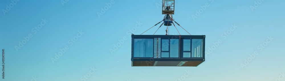 A large container being lifted by a construction crane against a clear blue sky. Industrial and construction equipment in action. A large container being lifted by a construction crane against a clear blue sky. Industrial and construction equipment in action.