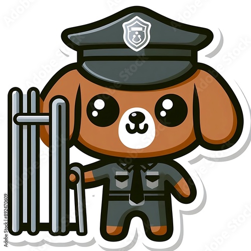 Cartoon dog in a police uniform holding a gate. Gatekeeper guards near the gate. Sticker with white border isolated on white background. Security and protection concept photo