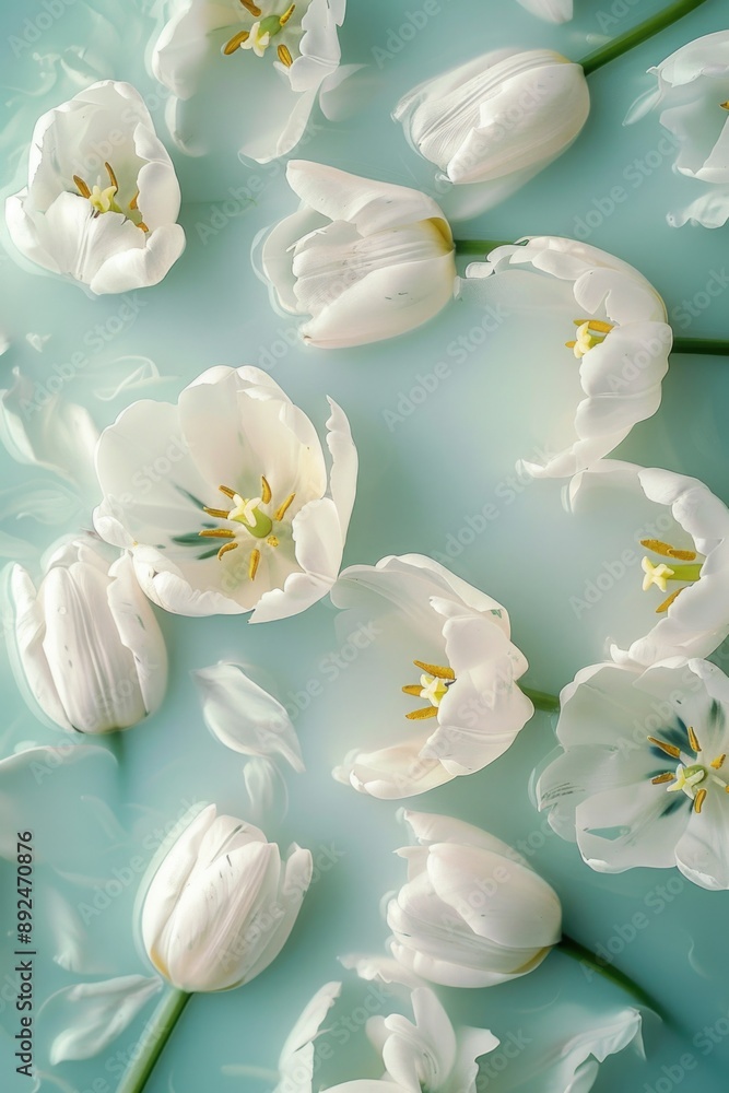 Fototapeta premium Fresh white tulips arranged on a calm blue surface