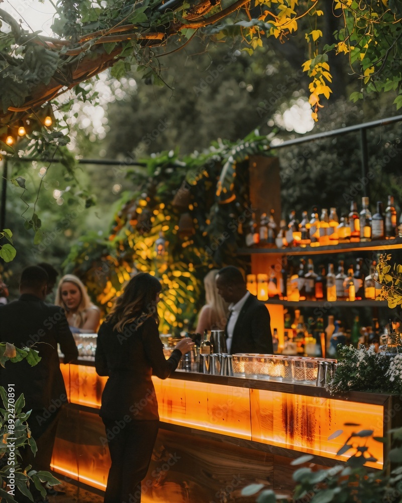 Naklejka premium a group of people standing around a bar