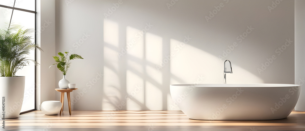 Table of free space and bathroom interior. White wall with shadows and sunny warm morning time. Table of free space and bathroom interior. White wall with shadows and sunny warm morning time.