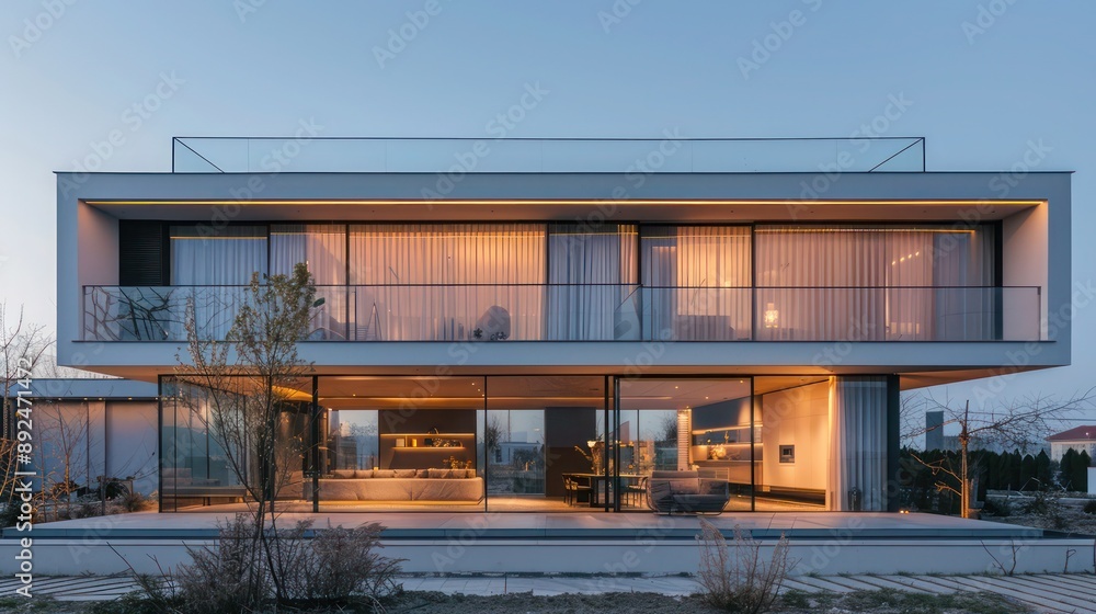 Sleek, minimalist suburban home with an emphasis on horizontal lines and a transparent facade, under a clear evening sky Ensure room for text Sleek, minimalist suburban home with an emphasis on horizontal lines and a transparent facade, under a clear evening sky Ensure room for text