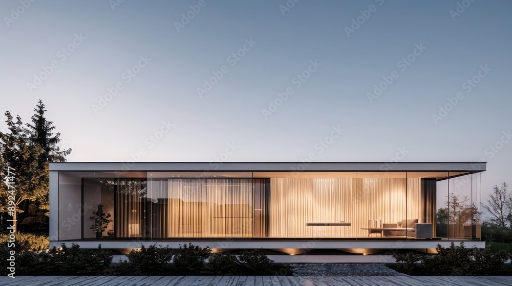 Sleek, minimalist suburban home with an emphasis on horizontal lines and a transparent facade, under a clear evening sky Ensure room for text Sleek, minimalist suburban home with an emphasis on horizontal lines and a transparent facade, under a clear evening sky Ensure room for text