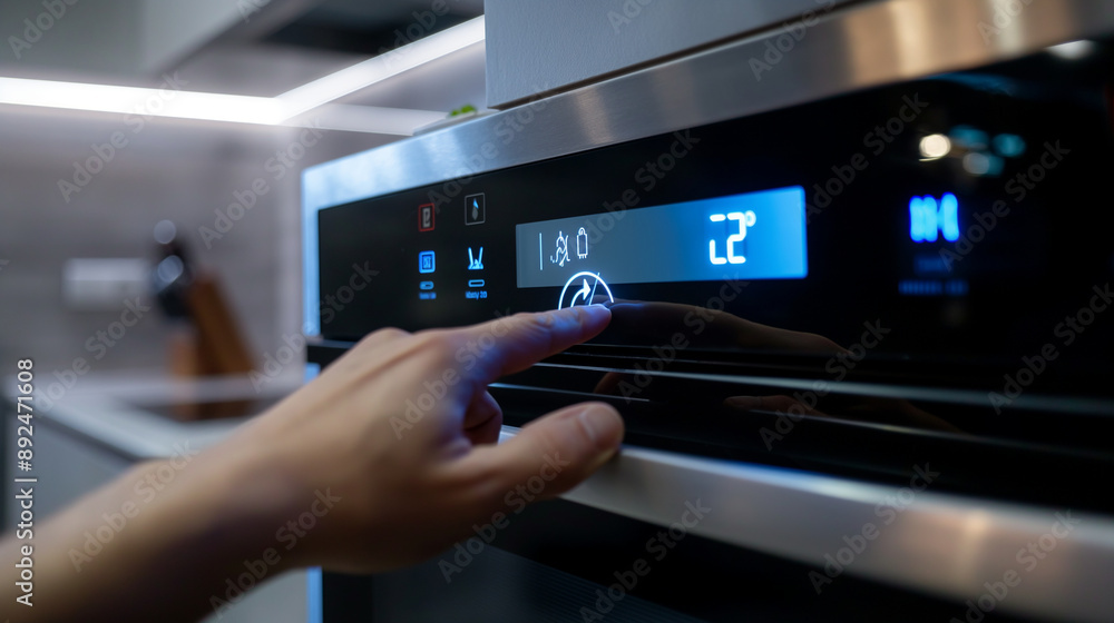 Detailed view of a man's hand operating the temperature settings on a smart air conditioner display screen, showcasing remote cooling technology for summer heat, modern home device Detailed view of a man's hand operating the temperature settings on a smart air conditioner display screen, showcasing remote cooling technology for summer heat, modern home device