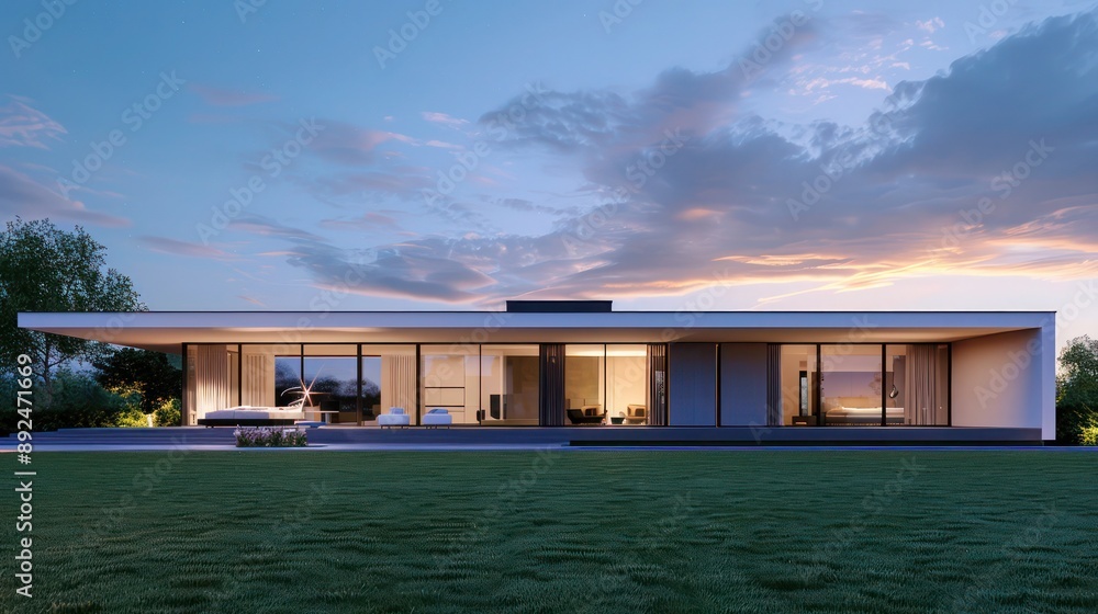 Sleek, modern home with a minimalist design, featuring a flat roof and a large front lawn under a twilight sky Sleek, modern home with a minimalist design, featuring a flat roof and a large front lawn under a twilight sky