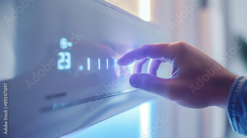 Man's hand close-up operating the temperature control on a smart air conditioner display screen, featuring remote summer heat room cooling technology equipment, modern home device