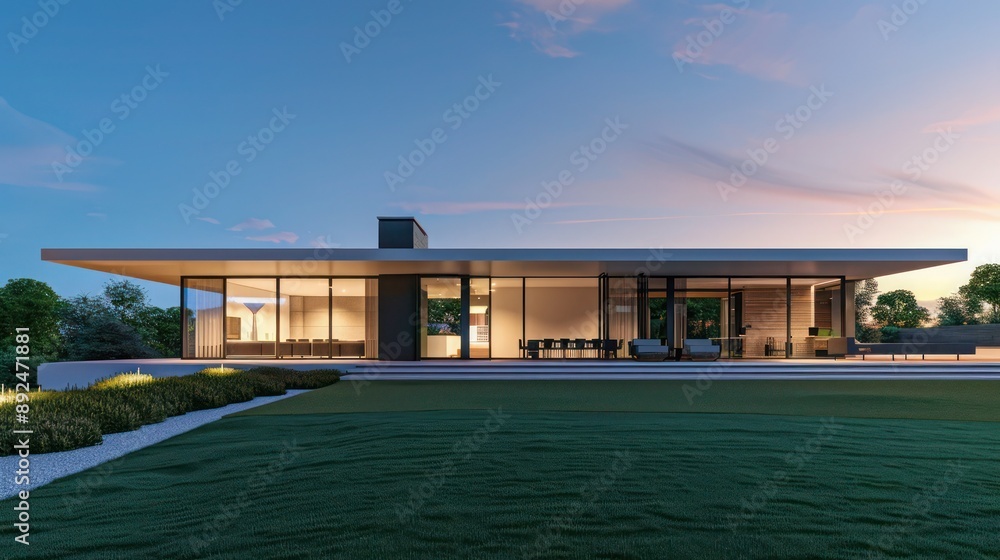 Fototapeta premium Sleek, modern home with a minimalist design, featuring a flat roof and a large front lawn under a twilight sky