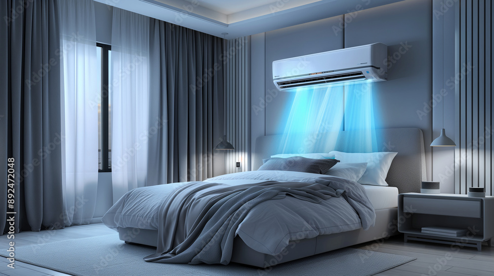 Cold air flowing from a white air conditioner mounted on the bedroom ...