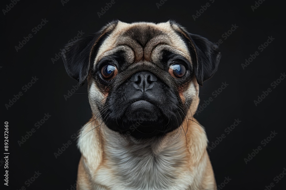 Frontal portrait of a pug dog with studio lighting and black background, captured with a 35mm lens, showcasing the dog's features in high detail. Frontal portrait of a pug dog with studio lighting and black background, captured with a 35mm lens, showcasing the dog's features in high detail.