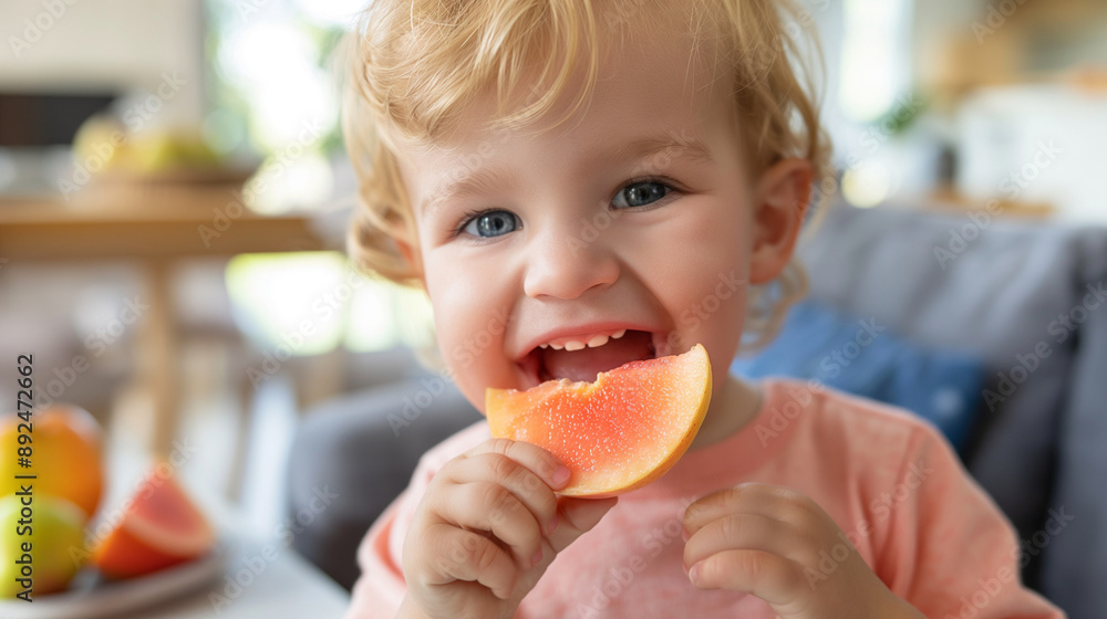 Happy toddler boy munching on a piece of fruit, closeup of his satisfied expression. Promoting healthy diet for young kids, breakfast or snack at home Happy toddler boy munching on a piece of fruit, closeup of his satisfied expression. Promoting healthy diet for young kids, breakfast or snack at home