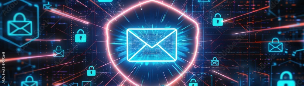 Fototapeta premium Digital representation of email security with neon symbols of envelopes and locks against a dark background.