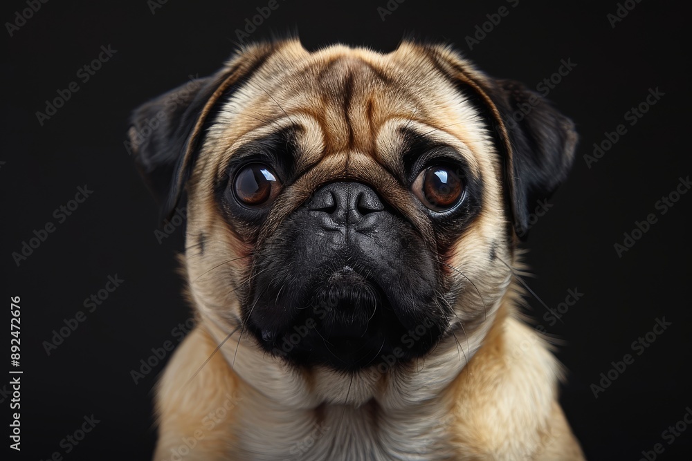 Obraz premium Frontal portrait of a pug dog with studio lighting and black background, captured with a 35mm lens, showcasing the dog's features in high detail.