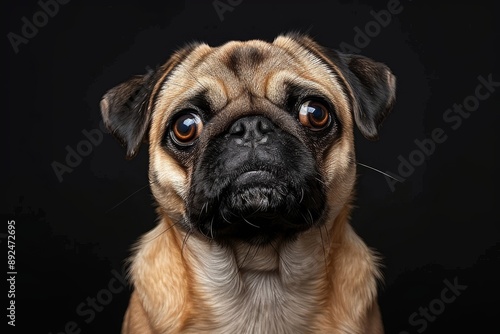 Frontal portrait of a pug dog with studio lighting and black background, captured with a 35mm lens, showcasing the dog's features in high detail. © JIALU