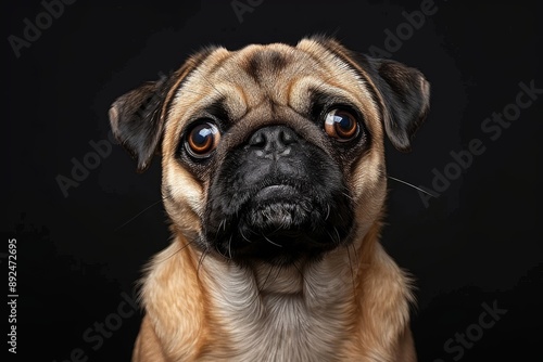 Frontal portrait of a pug dog with studio lighting and black background, captured with a 35mm lens, showcasing the dog's features in high detail.