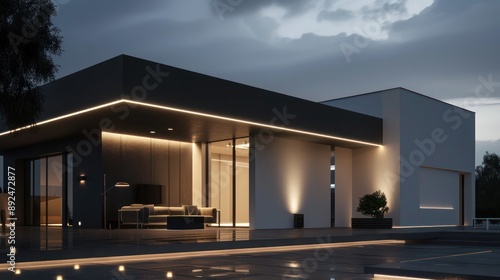 Sleek, modern suburban home with a minimalist design, featuring a black and white color palette and discreet lighting