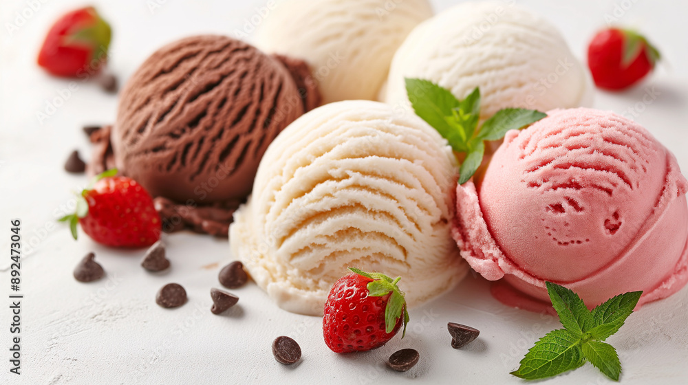 Collection of colorful ice cream scoops piled high, showcasing the irresistible combination of chocolate, vanilla, and strawberry. Frozen and creamy sweet summer dessert, delicious Collection of colorful ice cream scoops piled high, showcasing the irresistible combination of chocolate, vanilla, and strawberry. Frozen and creamy sweet summer dessert, delicious