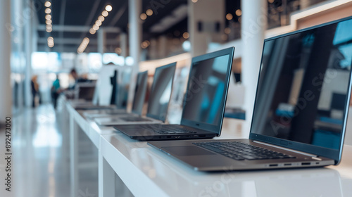 Assorted laptops lined up on a clean table in a sleek technology shop, each model ready for purchase. Electronic devices sale, small business, buy notebook computer, copy space