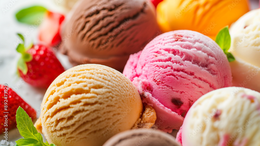 Closeup of a tempting collection of colorful ice cream scoops, including chocolate, vanilla, and strawberry. Frozen and creamy sweet summer dessert, delicious tasty snack Closeup of a tempting collection of colorful ice cream scoops, including chocolate, vanilla, and strawberry. Frozen and creamy sweet summer dessert, delicious tasty snack