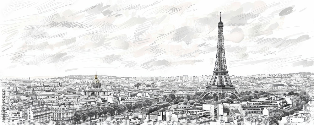 Hand-drawn sketch of Eiffel Tower with Paris cityscape.