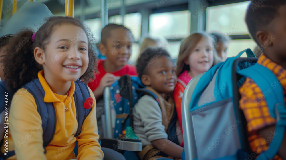 Group of kindergarten students with backpacks seated in the bus interior, sharing stories and smiles as they head to their first grade class. Pupils, first grade Group of kindergarten students with backpacks seated in the bus interior, sharing stories and smiles as they head to their first grade class. Pupils, first grade
