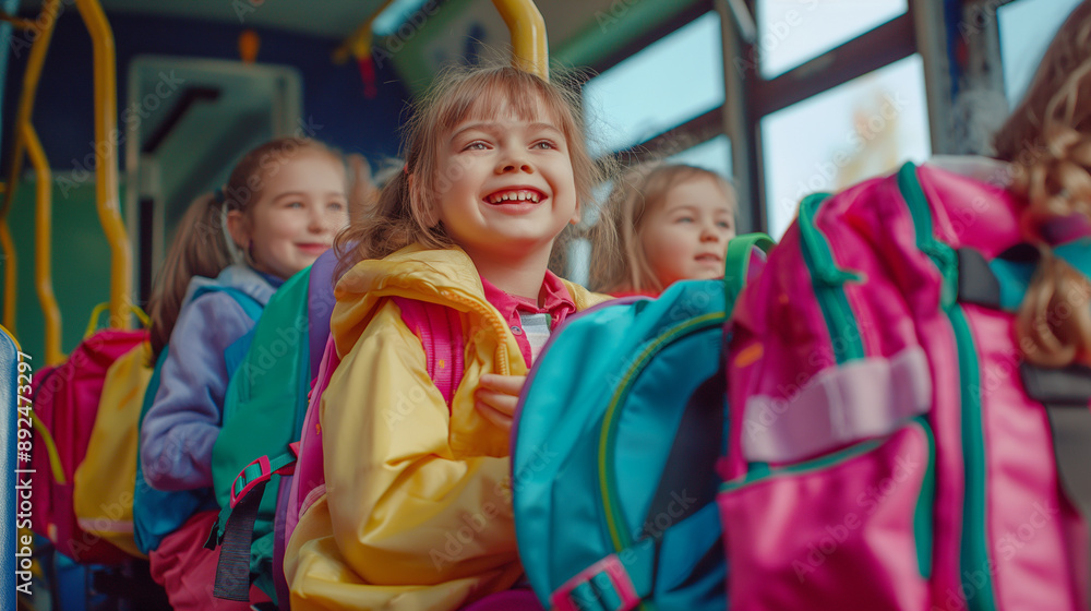 Children with colorful backpacks sitting in a bus interior, a group of kindergarten students excitedly chatting during transportation to elementary school. Pupils, first grade Children with colorful backpacks sitting in a bus interior, a group of kindergarten students excitedly chatting during transportation to elementary school. Pupils, first grade