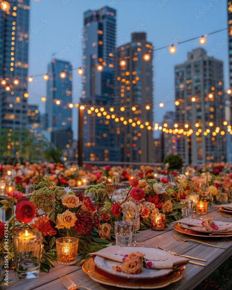 a long table is set with plates and candles a long table is set with plates and candles