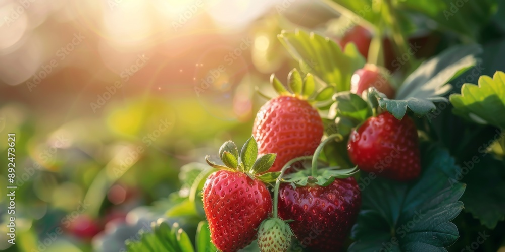 Rows of vibrant strawberry plants basking in the sun on a strawberry farm, showcasing their lush green foliage and ripe, red fruits ready for harvest. Rows of vibrant strawberry plants basking in the sun on a strawberry farm, showcasing their lush green foliage and ripe, red fruits ready for harvest.