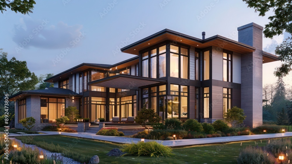 Fototapeta premium Sleek suburban home with an emphasis on horizontal lines, featuring large windows and a spacious front porch