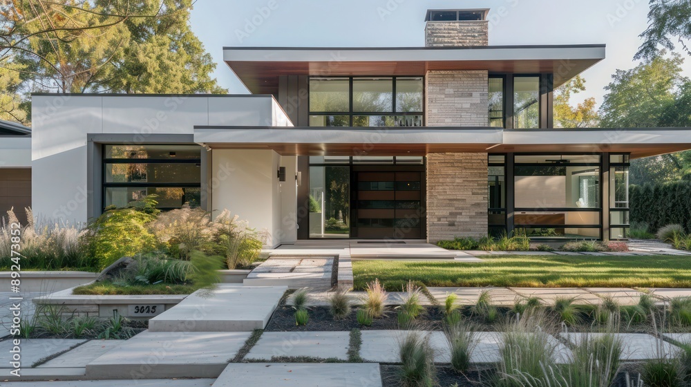 Fototapeta premium Sleek suburban home with an emphasis on horizontal lines, featuring a clean, streamlined look and minimalist landscaping