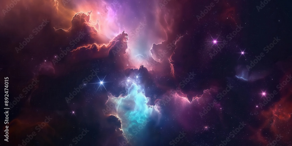 Naklejka premium Colorful space galaxy cloud nebula. Stary night cosmos. Universe science astronomy. Supernova background wallpaper created by ai