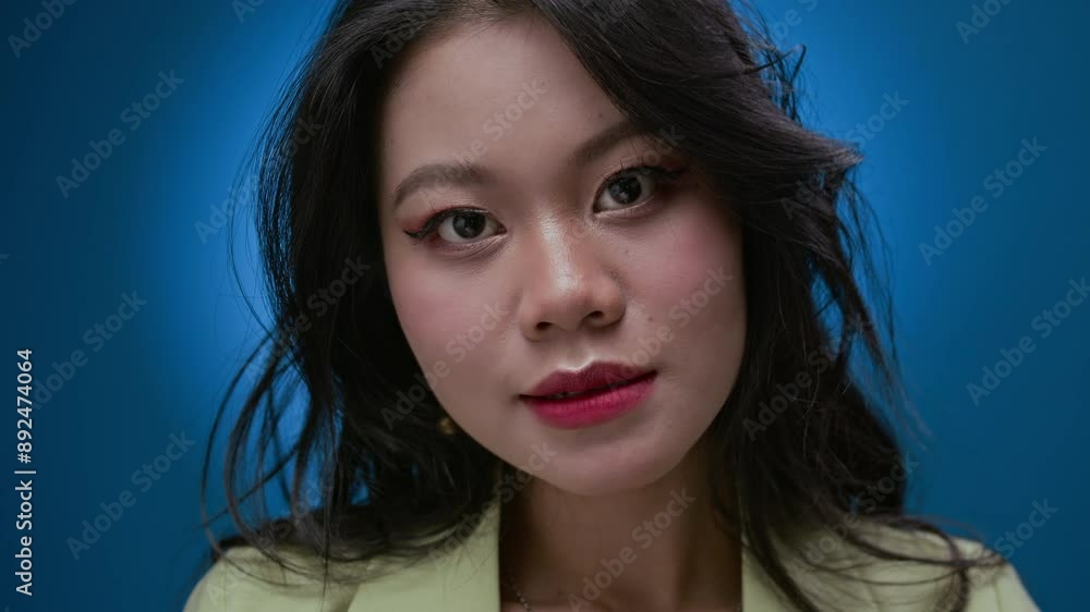 Close up portrait of Asian female zoomer with makeup looking at camera isolated on neon blue Close up portrait of Asian female zoomer with makeup looking at camera isolated on neon blue