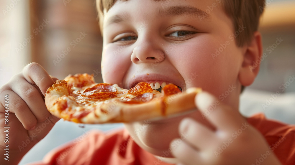 Close shot of an obese child eating pizza, with obvious hunger on his face. A boy with his mouth wide open takes a bite of a fatty, unhealthy meal. Close shot of an obese child eating pizza, with obvious hunger on his face. A boy with his mouth wide open takes a bite of a fatty, unhealthy meal.