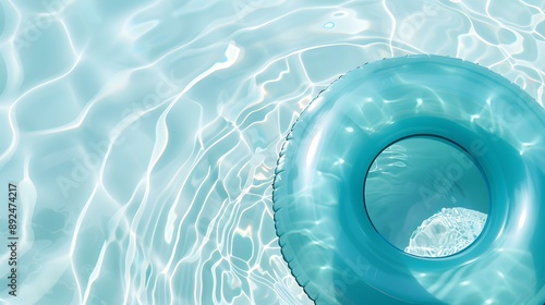 Close up of a blue inflatable Ring floating on Pool Water. Colorful Summer Background