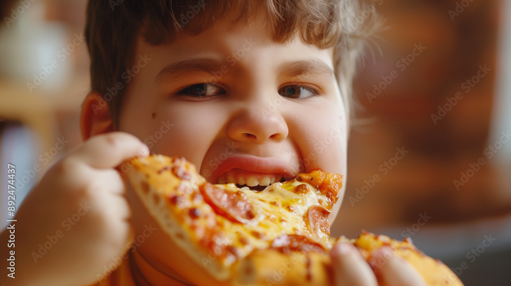 Close shot of an obese child eating pizza, with obvious hunger on his face. A boy with his mouth wide open takes a bite of a fatty, unhealthy meal. Close shot of an obese child eating pizza, with obvious hunger on his face. A boy with his mouth wide open takes a bite of a fatty, unhealthy meal.