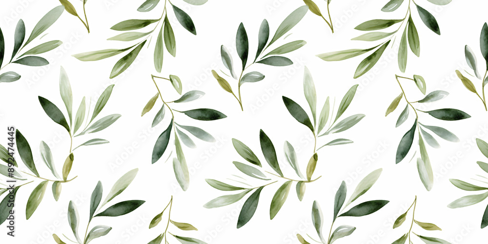 Fototapeta premium Seamless pattern of olive branches in watercolor style on white background. Design template for cosmetics advertising, eco-friendly products, textile print and fabric