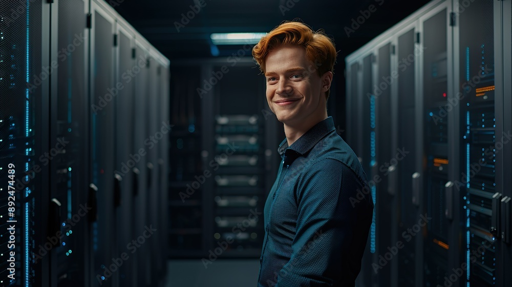 Fototapeta premium Happy Male Technician in Data Center Surrounded by Blue LED Lights