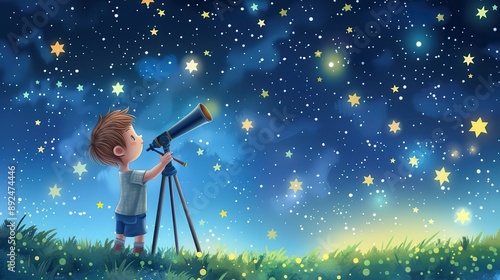 A child using a telescope to observe the starry night sky, illustrating curiosity and exploration.