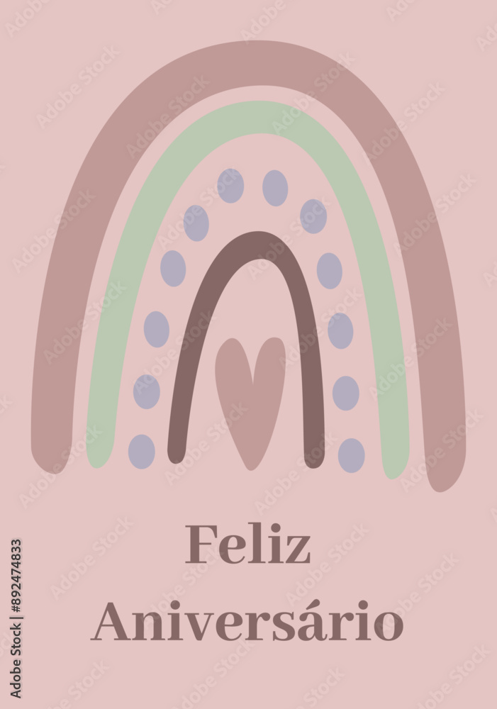 cartão ou banner para desejar feliz aniversário em roxo sobre um fundo roxo com um arco-íris verde e roxo, círculos azuis e um coração roxo cartão ou banner para desejar feliz aniversário em roxo sobre um fundo roxo com um arco-íris verde e roxo, círculos azuis e um coração roxo