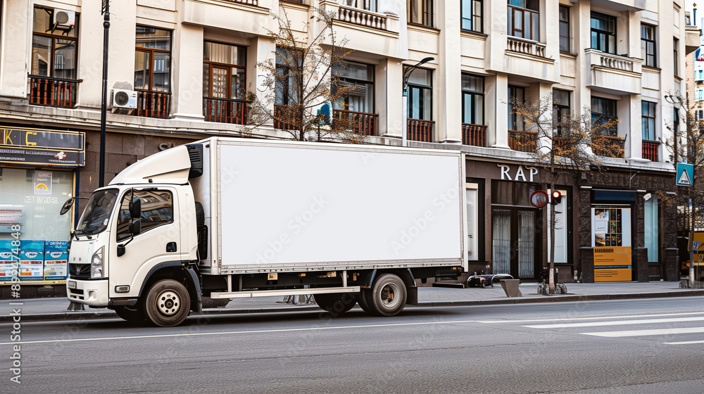 A delivery vehicle with a white, unprinted side is driving through a busy city street. The empty white area on the side of the truck is a perfect space for presenting an advertisement or announcement. A delivery vehicle with a white, unprinted side is driving through a busy city street. The empty white area on the side of the truck is a perfect space for presenting an advertisement or announcement.