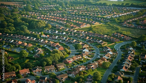 Aerial view of an English suburban area with rows of single family houses