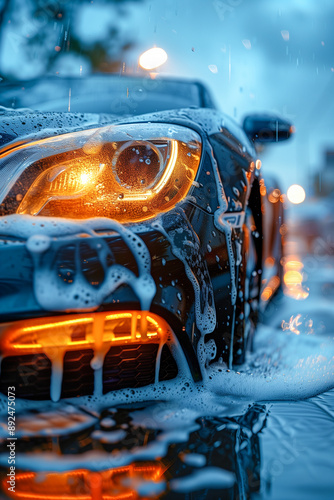 A car is being washed with foam and water