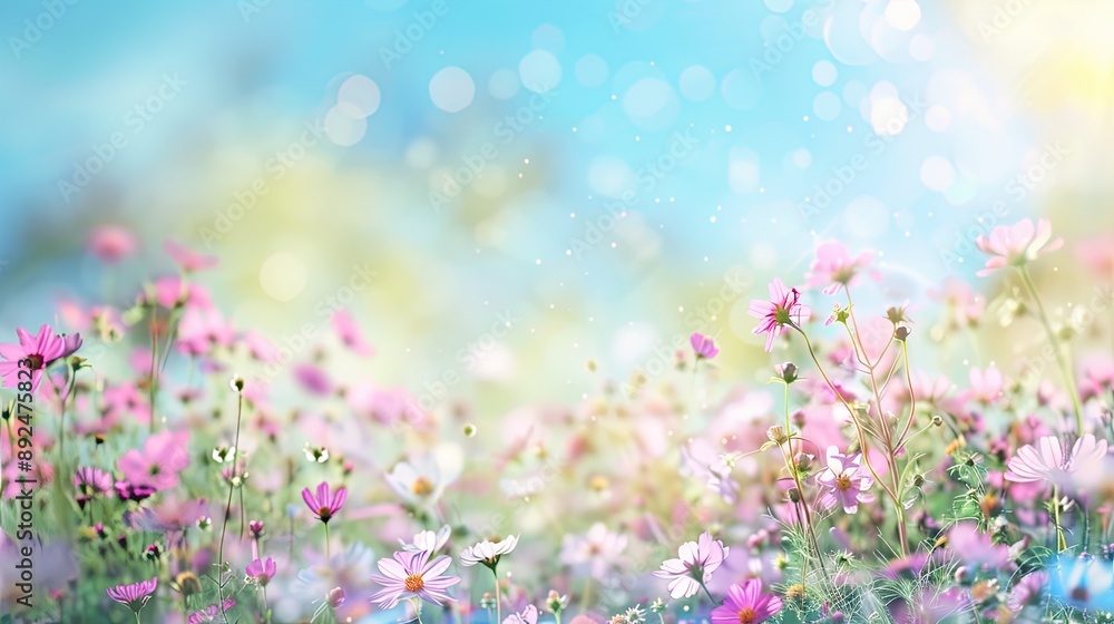 flowers with blue sky. Beautiful spring blurred background, a blossoming meadow filled with flowers under a serene blue sky flowers with blue sky. Beautiful spring blurred background, a blossoming meadow filled with flowers under a serene blue sky