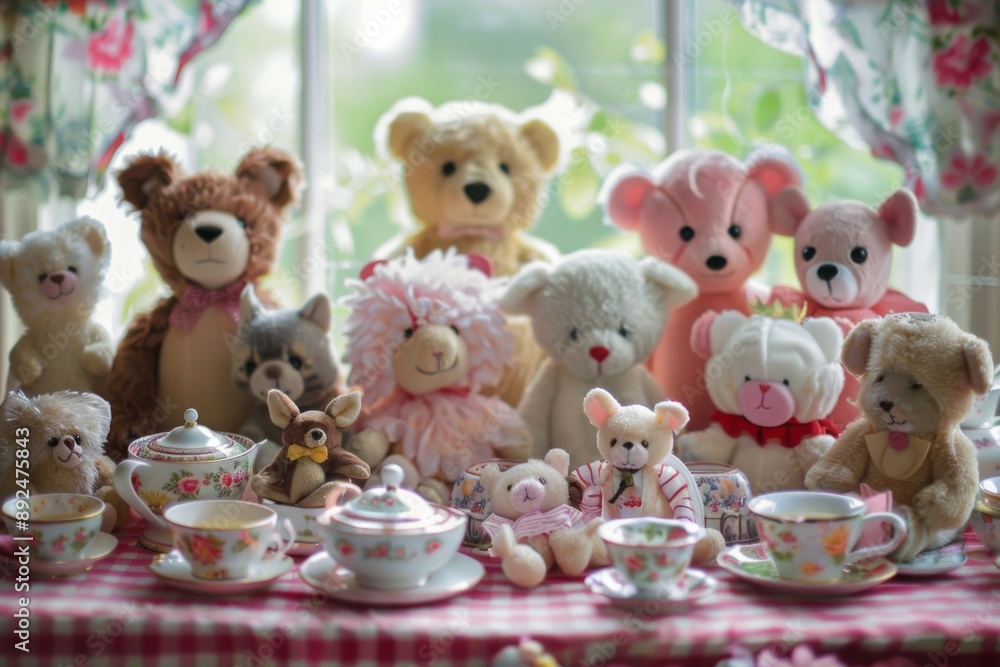 A delightful arrangement of plush toys enjoying a tea party, surrounded by tiny treats and delicate china. The scene is filled with vibrant colors and playful details. A delightful arrangement of plush toys enjoying a tea party, surrounded by tiny treats and delicate china. The scene is filled with vibrant colors and playful details.