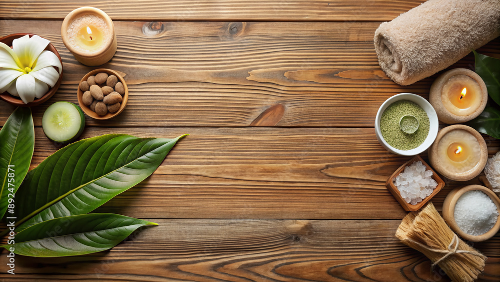 Spa elements arranged attractively on a wooden surface with ample copy space image. Spa elements arranged attractively on a wooden surface with ample copy space image.
