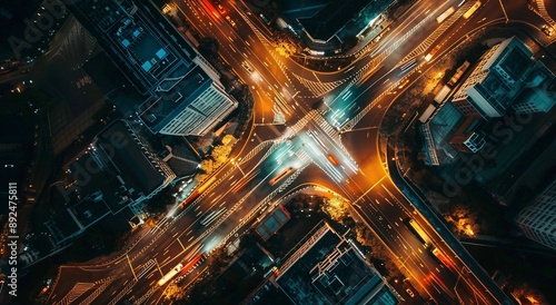 Aerial view of city traffic at night, intersection with cars and street lights in the centre