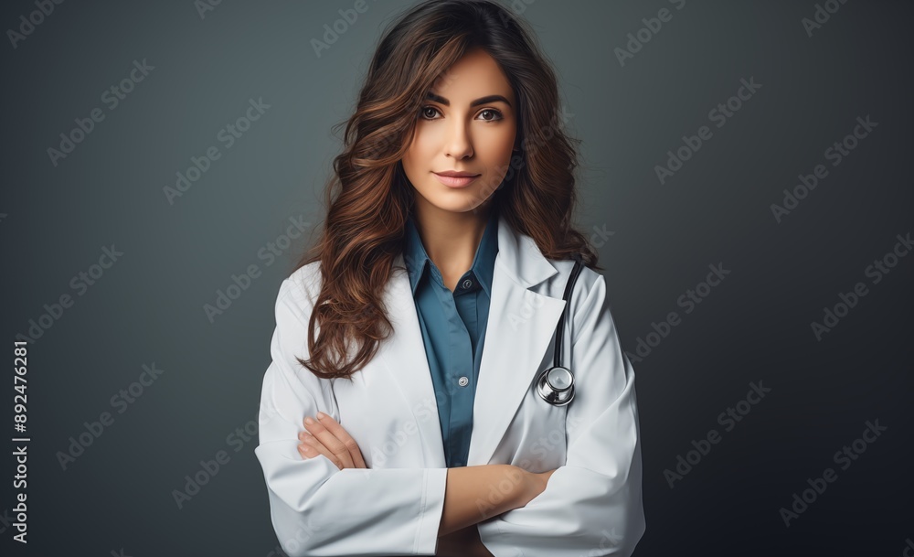 A female doctor stands with her arms crossed against a gray background A female doctor stands with her arms crossed against a gray background