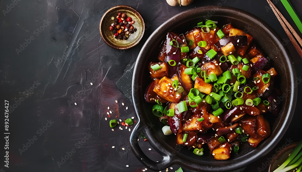 Hot spicy stew eggplant in Korean style with green onion. Aubergine saute. Vegan food Hot spicy stew eggplant in Korean style with green onion. Aubergine saute. Vegan food