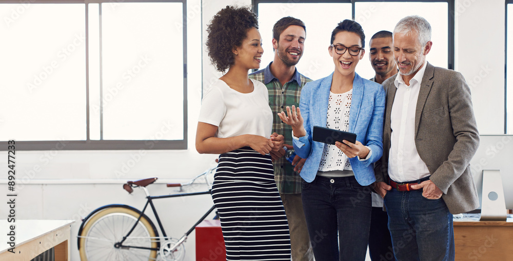 © peopleimages.com - Group, tablet and business people training, discussion or coaching in startup office. Creative team, technology or happy manager in meeting for coworking on project with web designer for software app