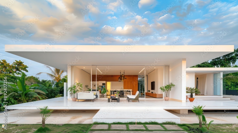 Fototapeta premium Sleek, white minimalist home with a striking flat roof and expansive patio area, set against a lush green backdrop Include copy space for text