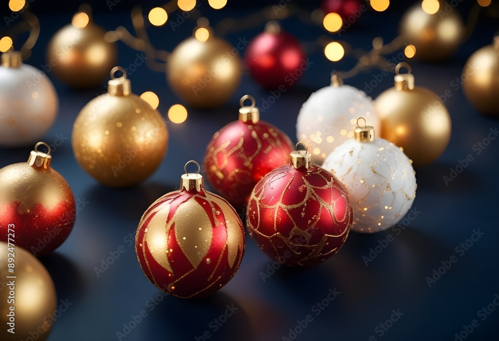 Black background with bokeh lights and Christmas ornaments in varying sizes of golden red and blue, softly glowing adding a festive mood Black background with bokeh lights and Christmas ornaments in varying sizes of golden red and blue, softly glowing adding a festive mood